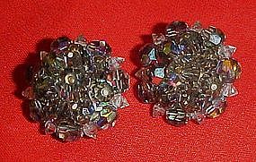 Laguna smoky blue aurora crystal button clip earrings