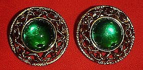 Large emerald green cabochon, button style earrings