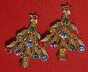 Rhinestone Christmas tree clip earrings