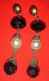 Large black and white dangle earrings, pierced