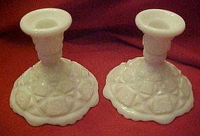 Westmoreland old quilt candle holders, milk glass