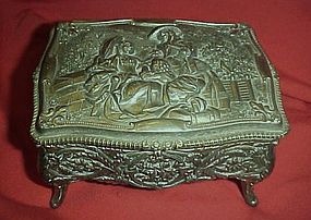 Vintage metal jewel box, velvet lined, ladies scene