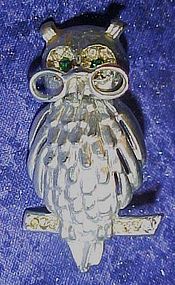 Large silvertone wise old owl pin, rhinestone eyes