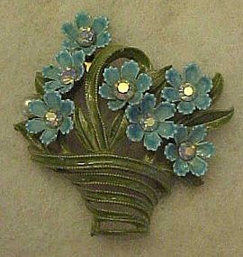 Vintage enameled flower basket pin with rhinestones