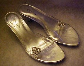 City Girl ,silver heels ,clear lucite with rhinestones,