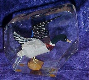 Vintage paperweight, acrylic with carved wood duck
