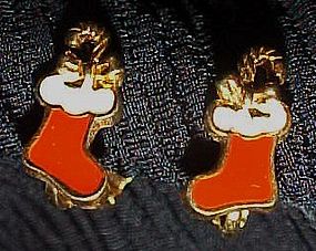 Enameled Christmas stocking clip earrings