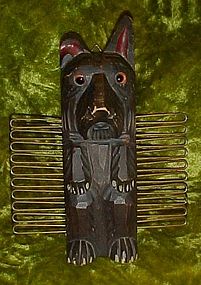 Hand carved wood scotty dog tie scarf rack, glass eyes