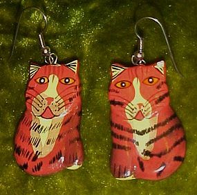 Cute hand painted wood kitty cat pierced earrings