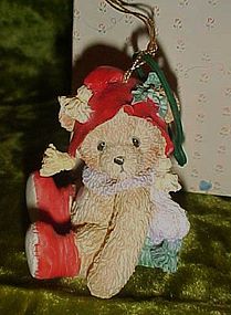 Cherished Teddies bear with Holly on hat ornament w/box