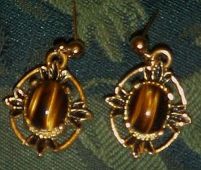 Pretty Tiger eye post earrings, antiqued gold tone