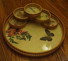 Real  butterfly wing bamboo tray w  6 matching coasters