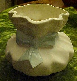 Vintage ceramic nursery sack vase planter with blue bow