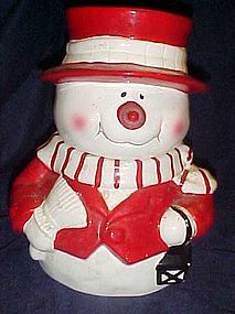 Festive friendly snowman  ceramic cookie jar