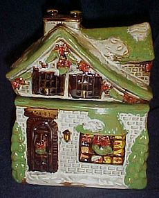 Heavy glazed stoneware Christmas cottage cookie jar