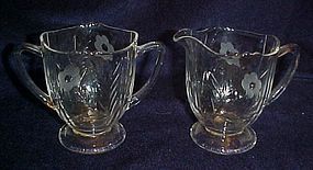 Depression glass crystal creamer & sugar, floral cut