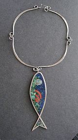 Vtg Hand Made Hammered Sterling Mosaic Fish Neck Ring