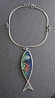 Vtg Hand Made Hammered Sterling Mosaic Fish Neck Ring