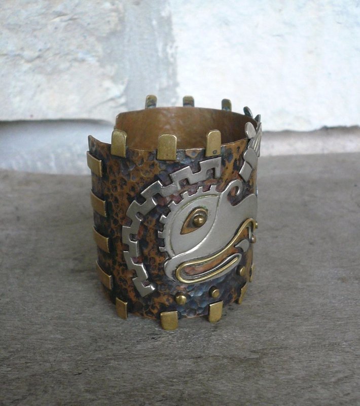 Vintage Casa Maya Mexico Mixed Metals Cuff Bracelet Birds