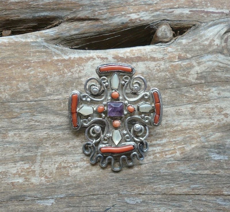 Early Matilde Poulat MATL Cross Brooch Coral  Pearl Amethyst