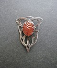 Vintage Arts and Crafts Carved Carnelian Silver Brooch Signed ES