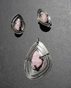 Vintage Modernist Hand Crafted Pendant Earrings Sterling Rose Quartz
