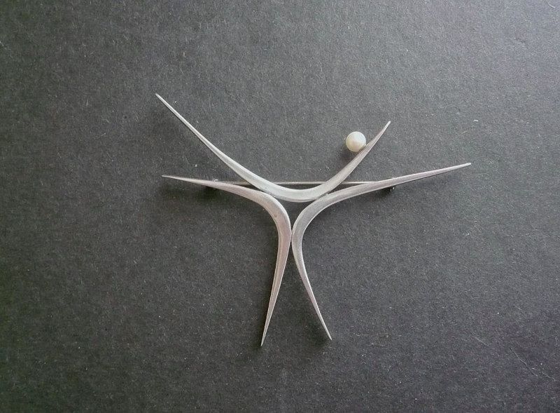 Sterling and Pearl Modernist Star Large Brooch Betty Cooke Style