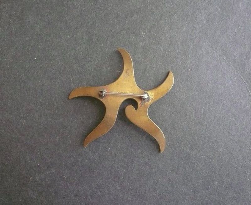 Peggy Miller Stylized Starfish Hand Wrought Brass Brooch Mid Century