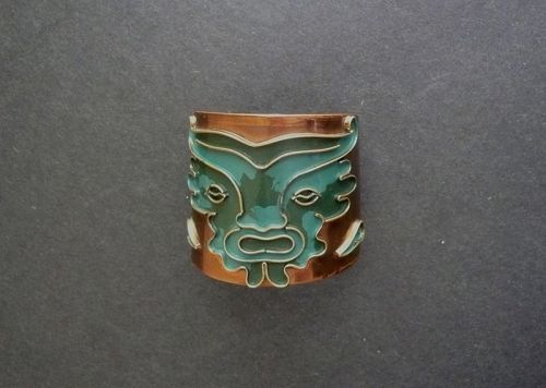 Vintage Casa Maya Mexico Toro Cuff Bracelet Enamel Copper Signed