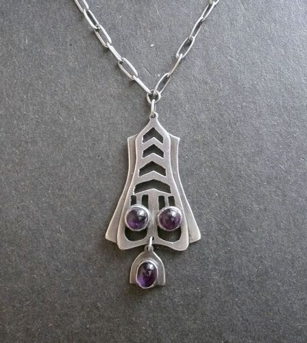 Vintage Sterling Silver Amethyst Pendant Arts and Crafts Necklace