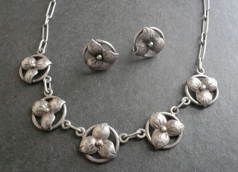 Sterling Arts &amp; Crafts Floral Necklace and Earrings Hand Wrought