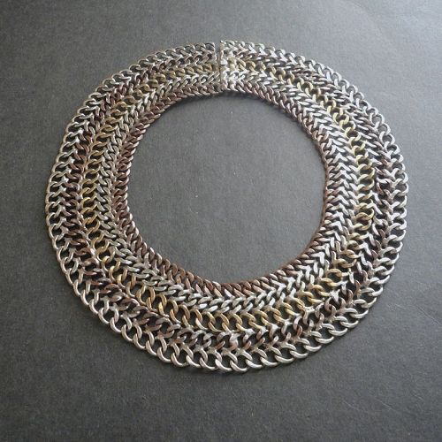 Vintage Mixed Metals Chain Woven Wide Necklace Mexico Collar