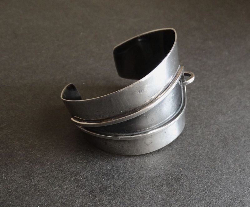 Modernist Cuff Bracelet Sterling Mid Century Signed silversmith Cone