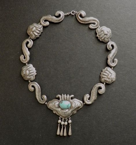 Matilde Poulat Matl Early Moth Necklace Silver Repousse Turquoise