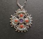 Early Matilde Poulat MATL Cross Pendant Coral Amethyst Turquoise Chain