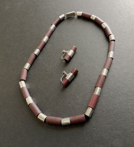 Rare Spratling Taxco Sterling & Rosewood Tube Necklace & Earrings WS