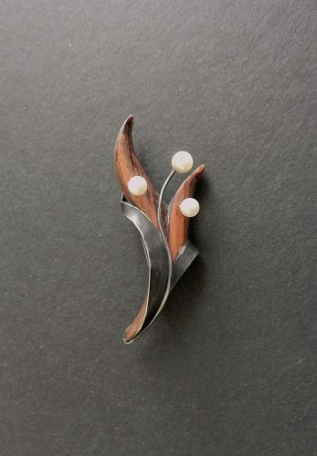 Sterling Pearl & Exotic Wood Brooch Vintage Modernist Hand Wrought