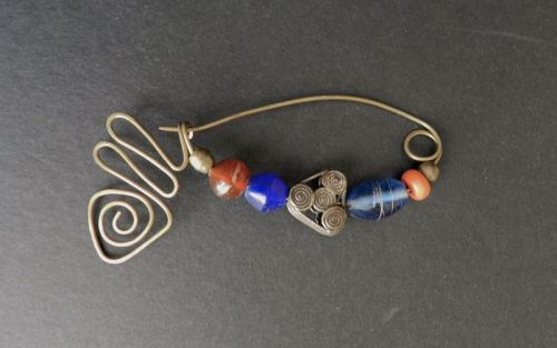 Vintage HandCrafted Fibula Brooch Hammered Brass Trade Beads Modernist