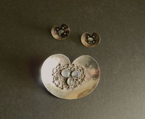 Hand Wrought Lily Pad Sterling Moonstone Brooch Earrings Mary Gage