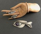 Ed Wiener Modernist Fish Brooch and/or Earrings Sterling Copper Stone