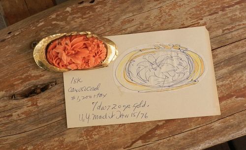 Janiye Miye Matsukata 18K & 24K Gold & Coral Brooch + Orig Sketch