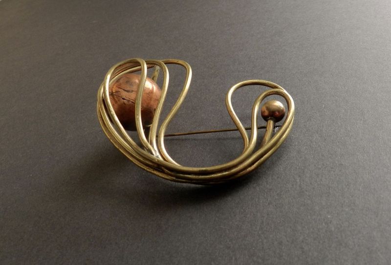 Rare Art Smith Large MCM Brooch Kinetic Brass Copper Ball Moves Signed