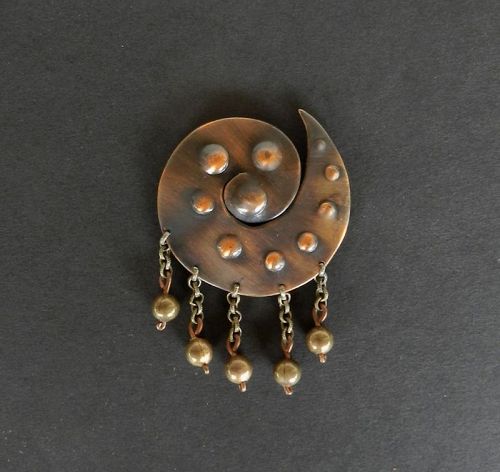 Rare Early Modernist Winifred Mason Copper Brooch with Dangles