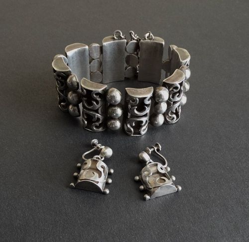 Sterling Victoria Taxco Double Angel Bracelet & Earrings #53 ScrewBack