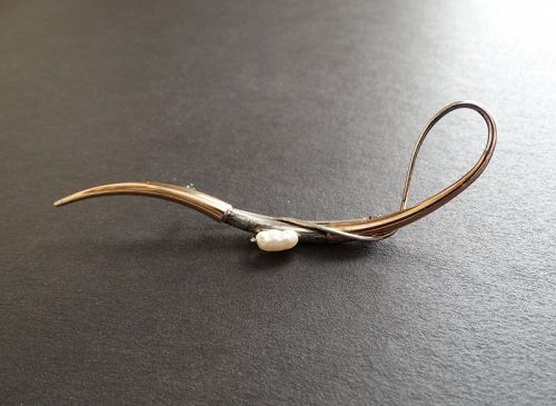 Vintage Modernist Ed Levin Sterling 14K Pearl Squiggle Abstract Brooch