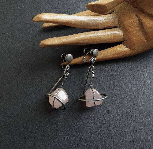 Mid Century Modernist Sterling Caged Rose Quartz Earrings Screw Backs