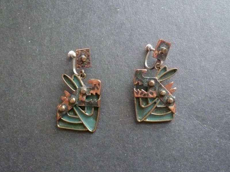 Vintage Casa Maya Whimsical Dogs Pendant &amp;/Or Earrings Copper Enamel