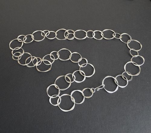 Modernist John Lewis Signed Hammered Sterling Circles Necklace 27"