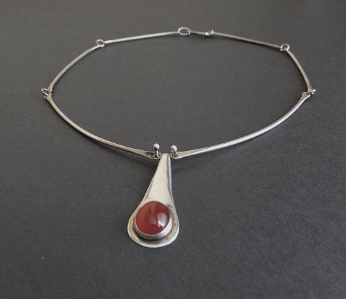 Vtg Sterling Lightly Hammered Necklace Modernist Handmade Carnelian