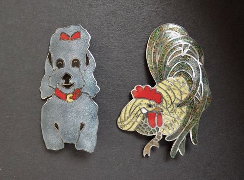 Margot de Taxco Sterling Enamel Brooches Poodle and/or Rooster Choice